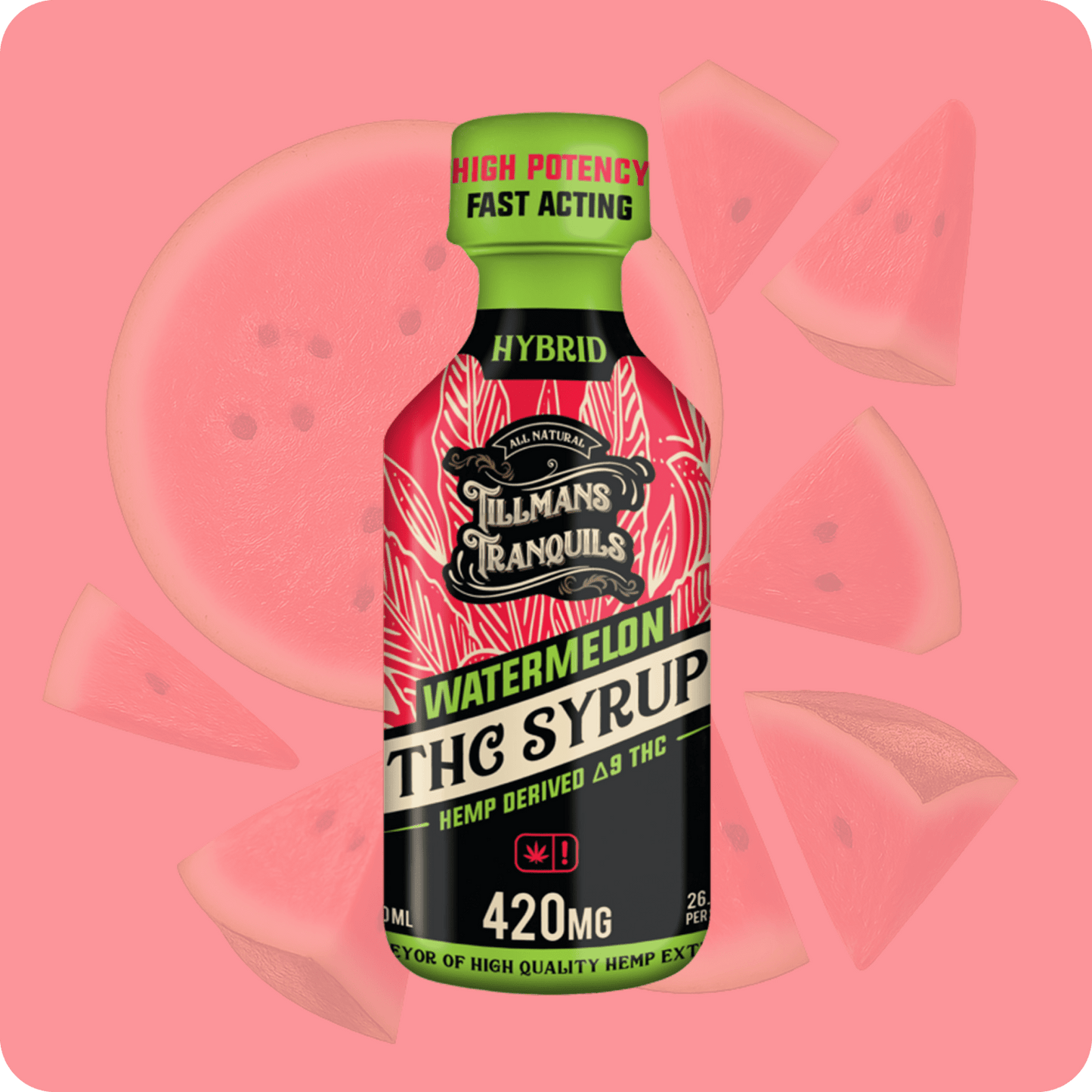 Bottle of watermelon THC syrup with watermelon slices on a pink background