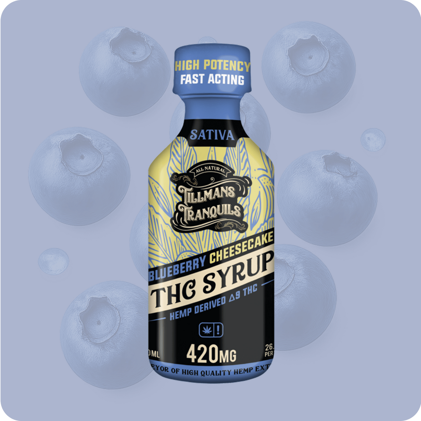 Bottle of Blueberry Cheesecake flavored THC syrup with blueberry background
