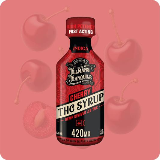 Bottle of Cherry THC Syrup with red and black label on a pink background with cherries.