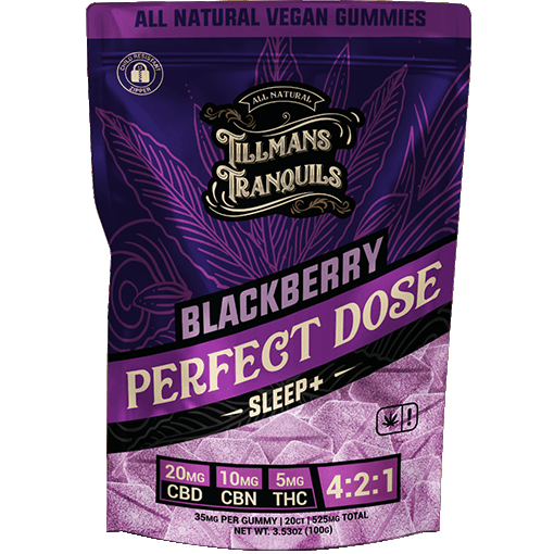Perfect Dose blackberry sleep gummies with cbd, cbn, and THC front panel by Tillmans Tranquils.
