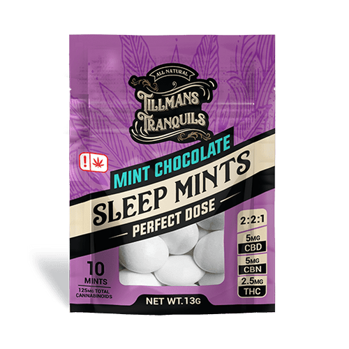 THC Mint Chocolate Sleep Mints: 5mg CBD, 5mg CBN, 2.5mg THC per mint