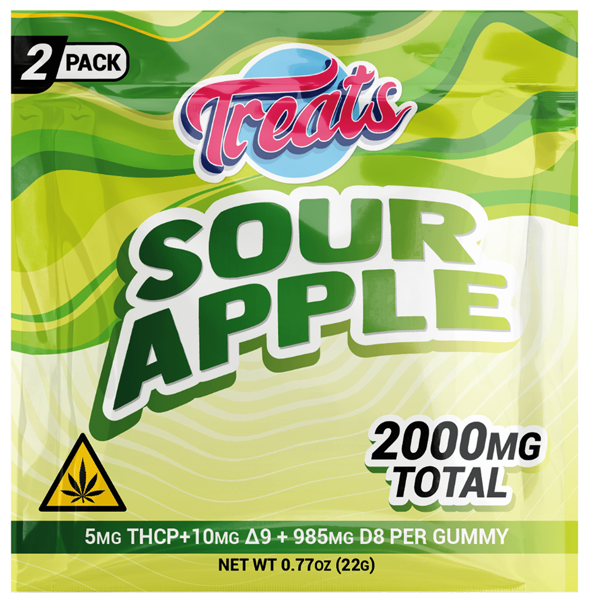Treats Sour Apple gummy packaging with green and yellow design, featuring the brand logo and product details.