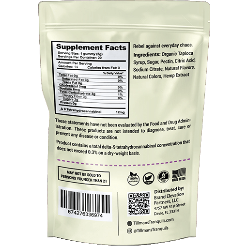 Tillmans Tranquils wedding cake indica d9 gummies supplement facts panel