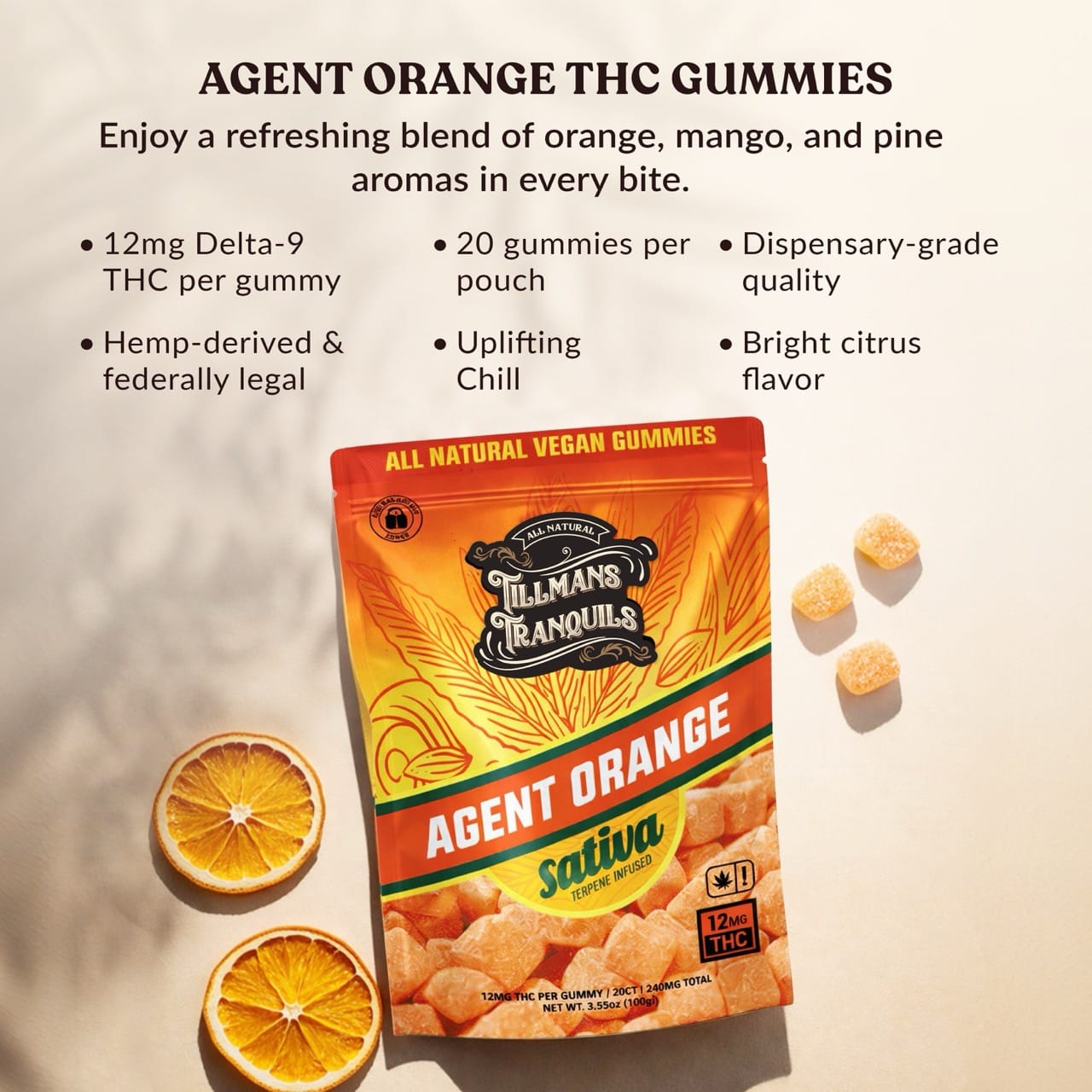 グレープフルーツOG SATIVA カリフォルニア産 テルペン 20ml Orange THC Gummies - 12mg Potency - Relaxing | TillmansTranquils