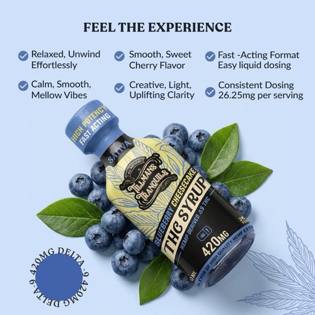 Blueberry Cheesecake THC Syrup 420mg - Delta 9 Drink Mix | Tillmans Tranquils Blueberry Cheesecake THC Syrup 420mg - Delta 9 Drink Mix | Tillmans Tranquils