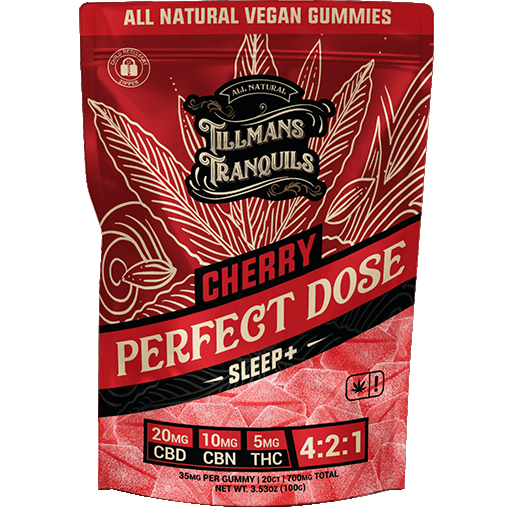 Red package of Tillman's Tranquils Cherry Perfect Dose gummies with branding and product details.