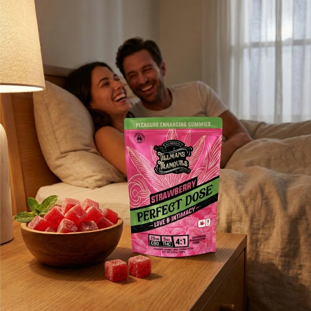 Strawberry gummies with a pink packaging labeled 'Perfect Dose' on a bedside table, with a couple in the background.