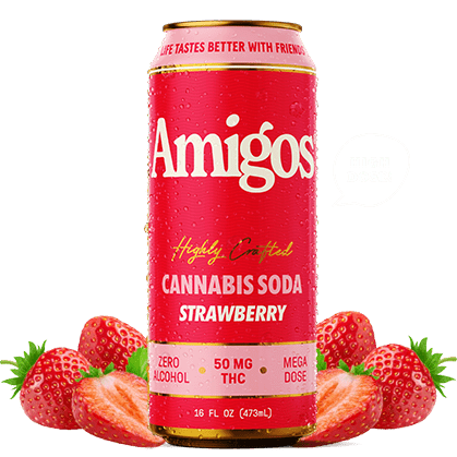 Amigos Strawberry Cannabis Soda can with strawberries on a white background
