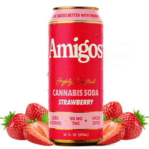 Amigos Strawberry Cannabis Soda can with strawberries on a white background
