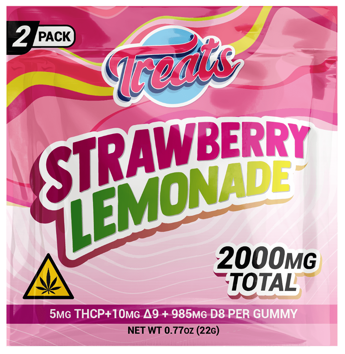 Treats Strawberry Lemonade high dose gummy packaging with pink and yellow design